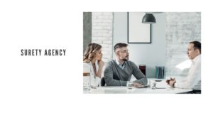 Surety Agency - A surety agent is talking to a business partner at the surety agency's office.